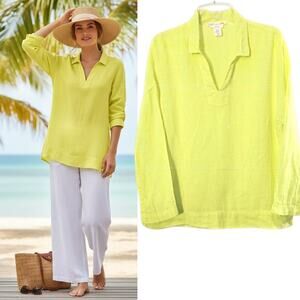 C&C California Linen Tunic Top Womens Medium Yellow V-Neck L/S Coastal Resort